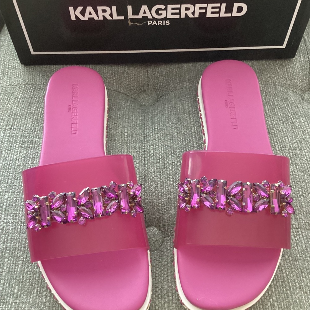 KARL LAGERFELD PARIS Women's Bijou Embellished Slide Sandals, size 7 - Picture 13 of 13
